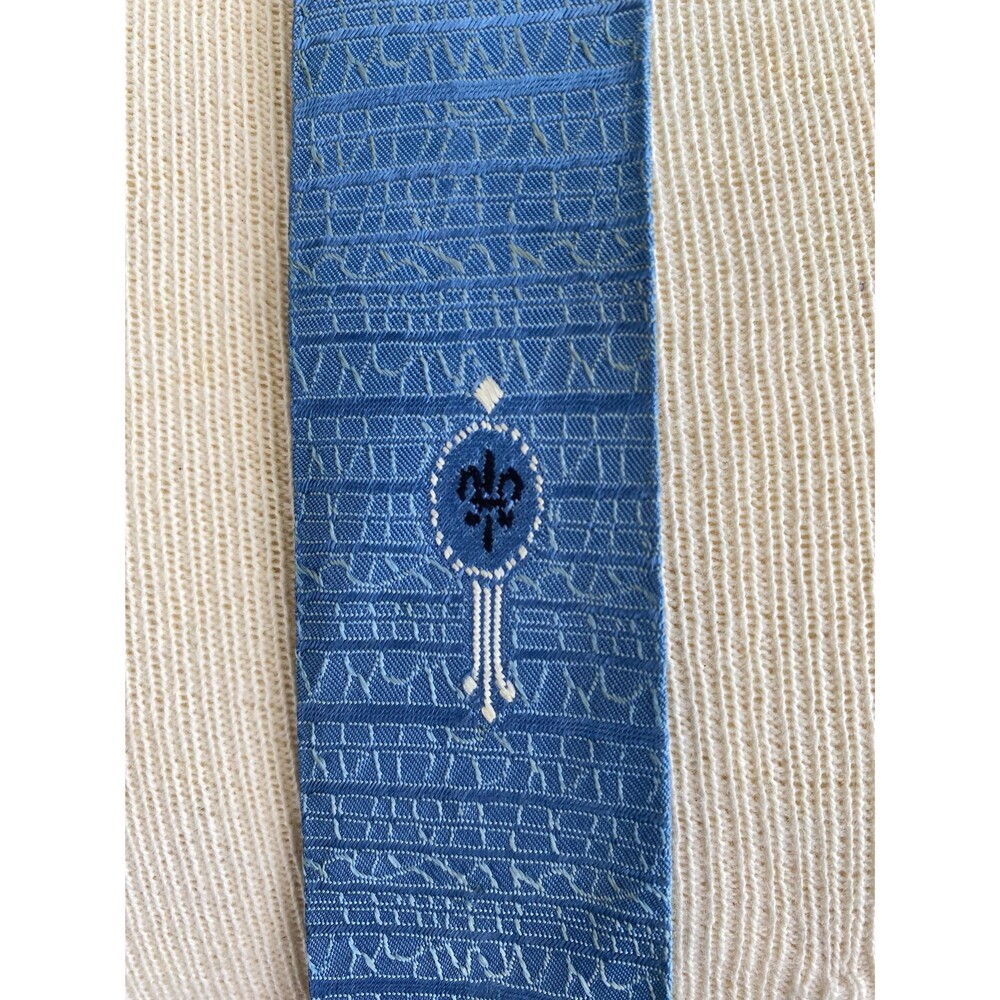Vintage MidCentury Fleur De Lis Blue Black White Textured Clip on Tie